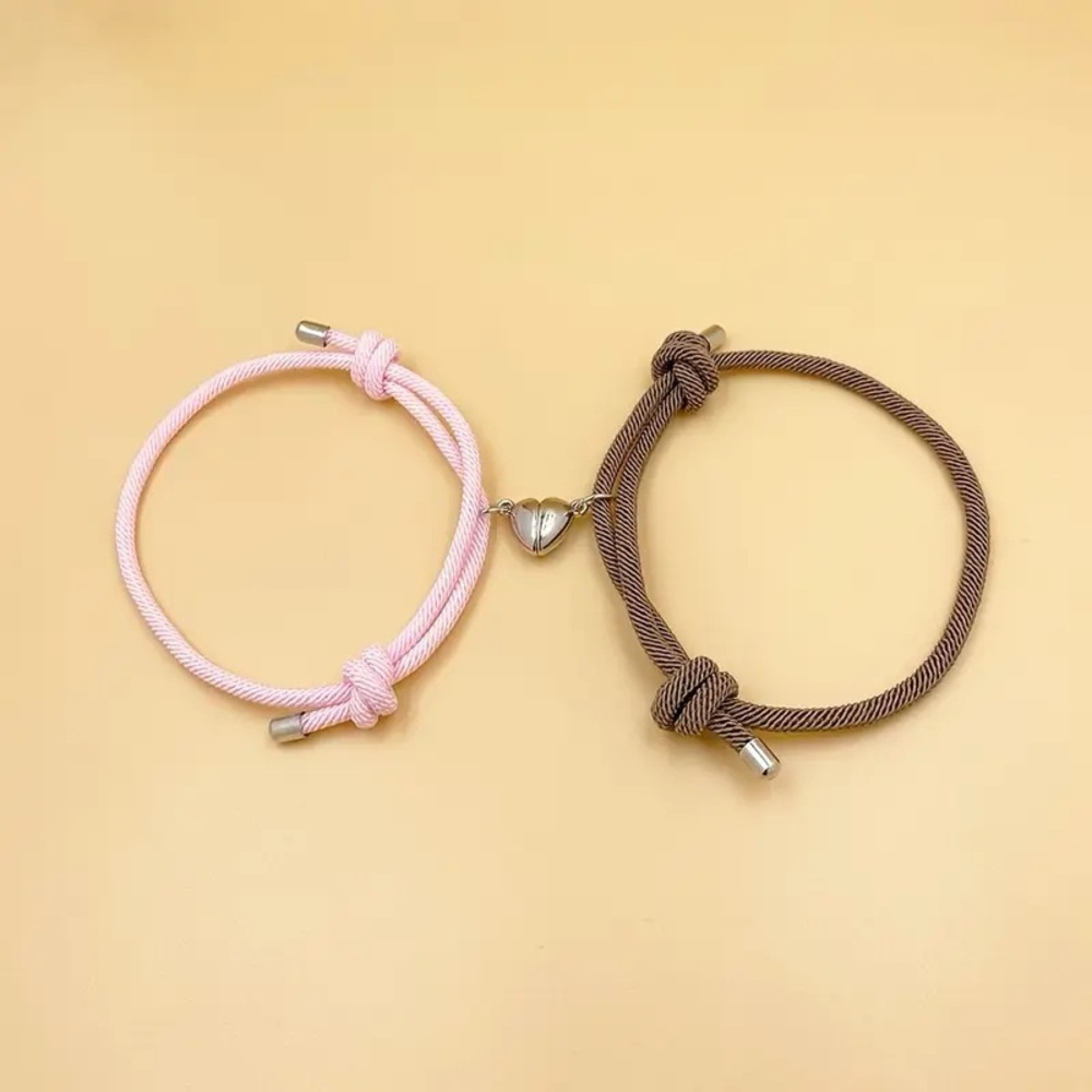 2pcs Couple Bracelet Set with Heart Magnetic Buckle - Pink/Brown-Polyester